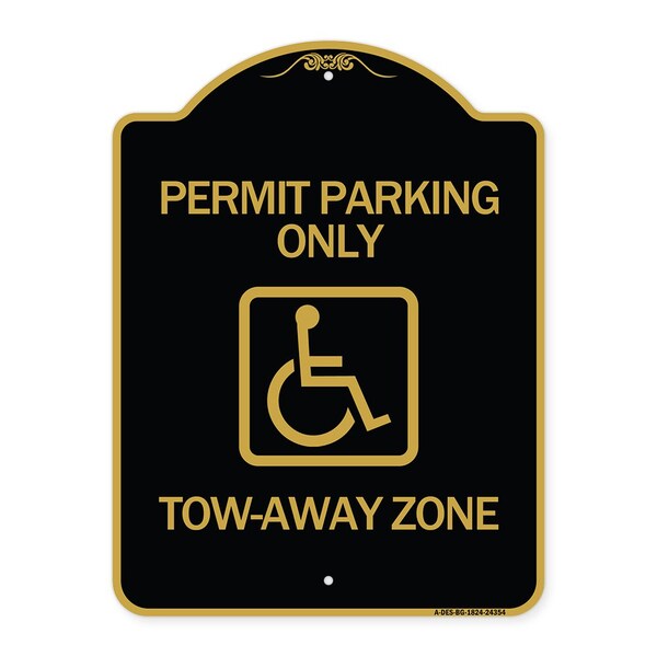 Accessible Permit Parking Tow-Away Zone, Black & Gold Aluminum Sign, 18" x 24", BG-1824-24354
